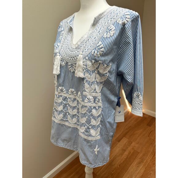 NEW NWT Mi Golondrina Hand Made Tunic Top Blue White size Small - Picture 4 of 9